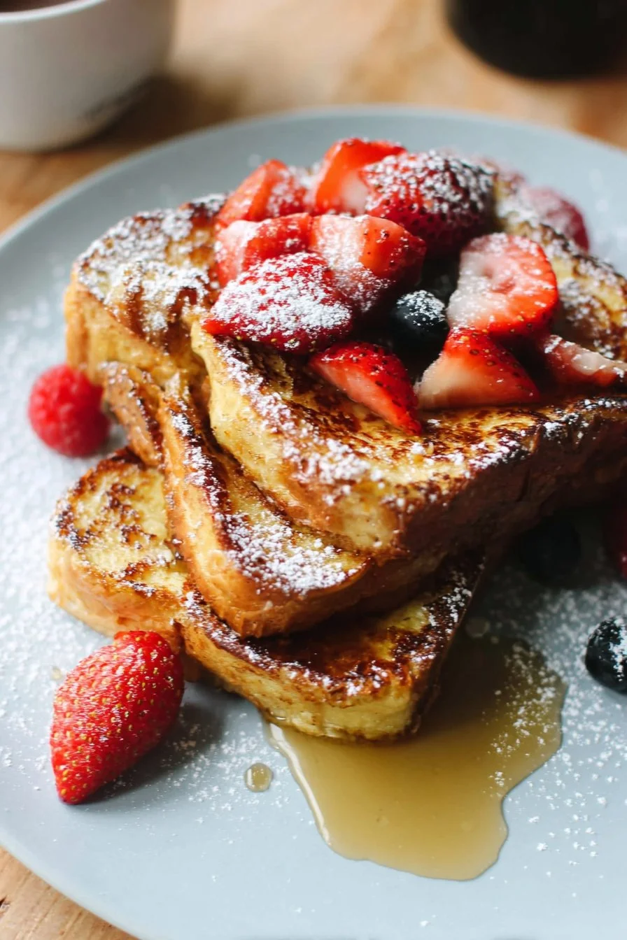 Delicious Secret Ingredient French Toast served on a plate with syrup