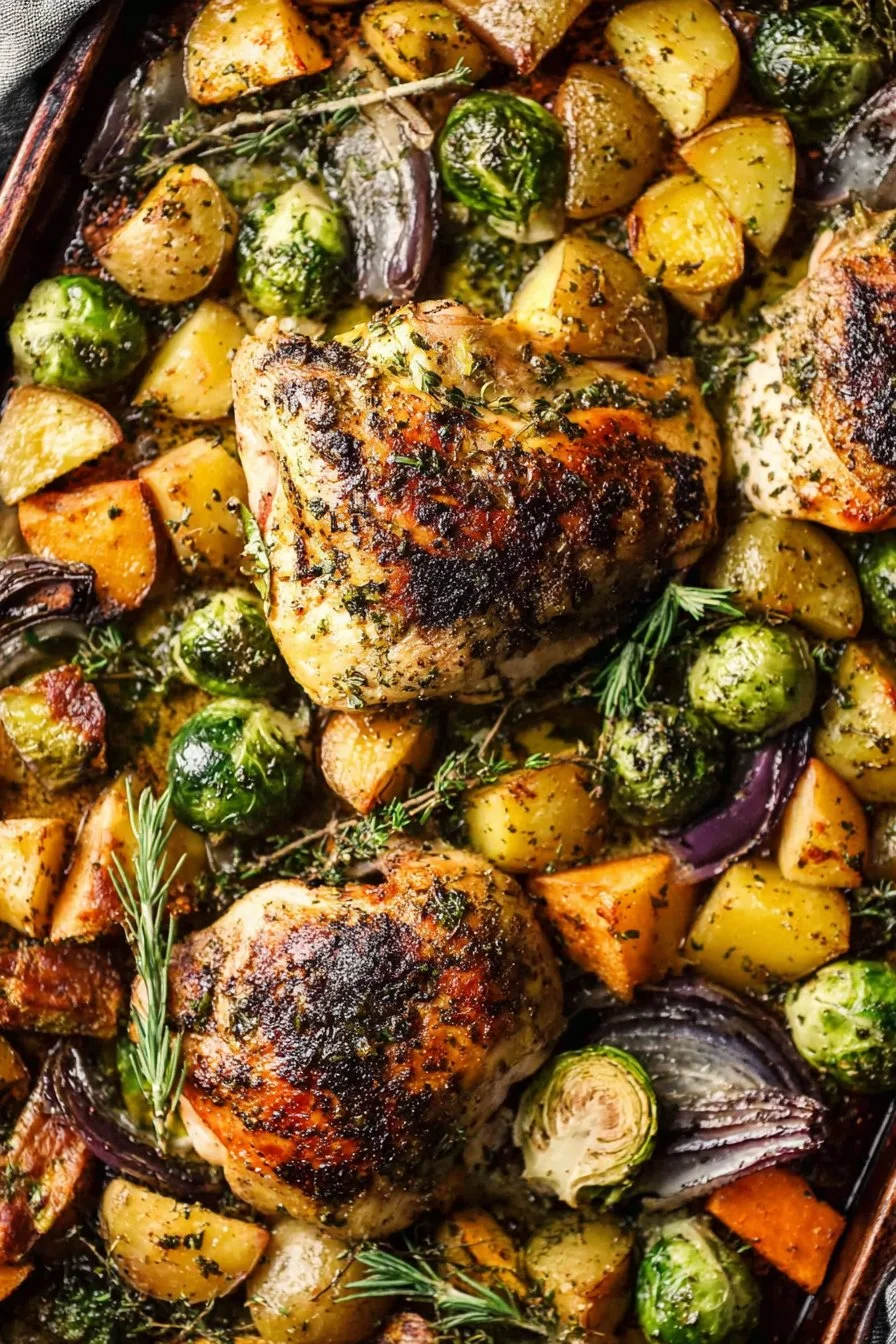 Sheet pan roasted garlic butter chicken with potatoes and Brussels sprouts