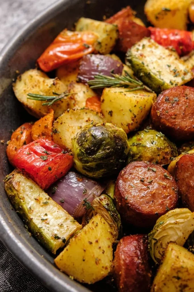 Sheet pan meal with sausage and colorful veggies roasted to perfection