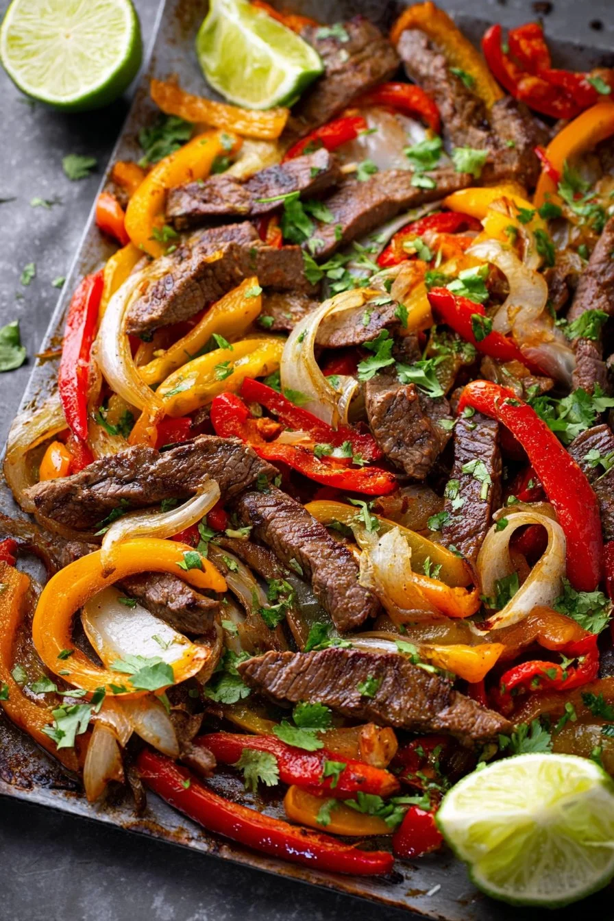 Sheet pan steak fajitas with colorful peppers and onions on a table