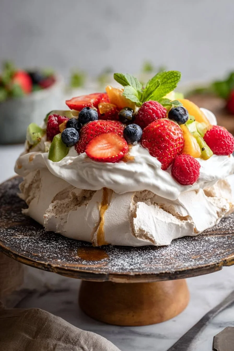 Delicious simple and easy Pavlova topped with vibrant fresh fruit.