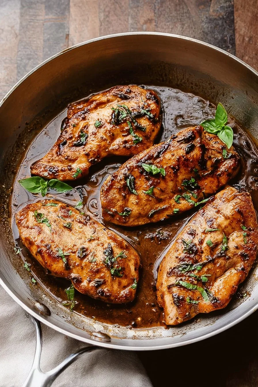 Skillet Balsamic Chicken Breasts served with herbs on a plate
