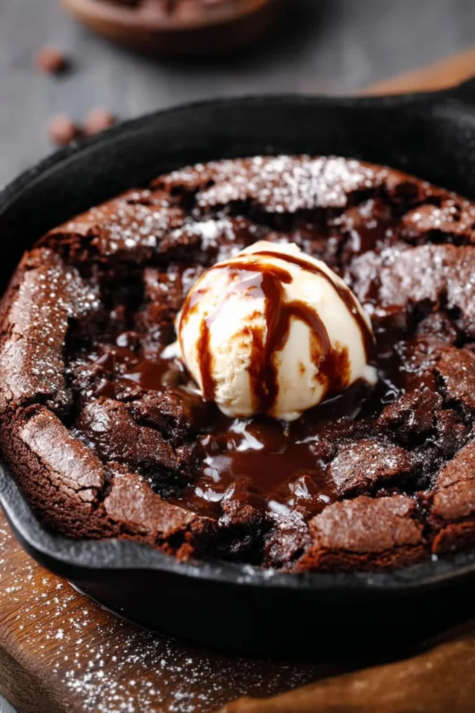Warm and gooey skillet brownie served in a cast iron skillet.