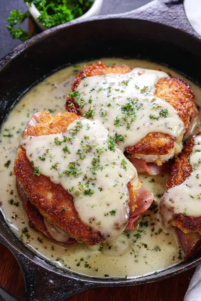Skillet Chicken Cordon Bleu with ham and cheese in a pan