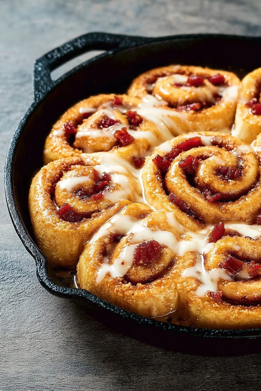Skillet Maple Bacon Cinnamon Roll topped with crispy bacon and maple glaze.