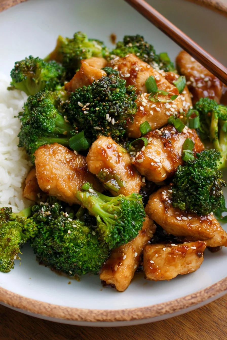 Delicious skillet sesame chicken served with broccoli for a hearty meal.
