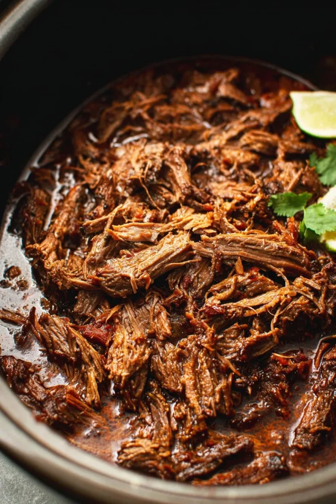 Slow cooker barbacoa beef with spices and herbs served in a bowl