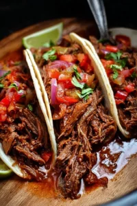 Slow Cooker Beef Carnitas Tacos served with fresh toppings