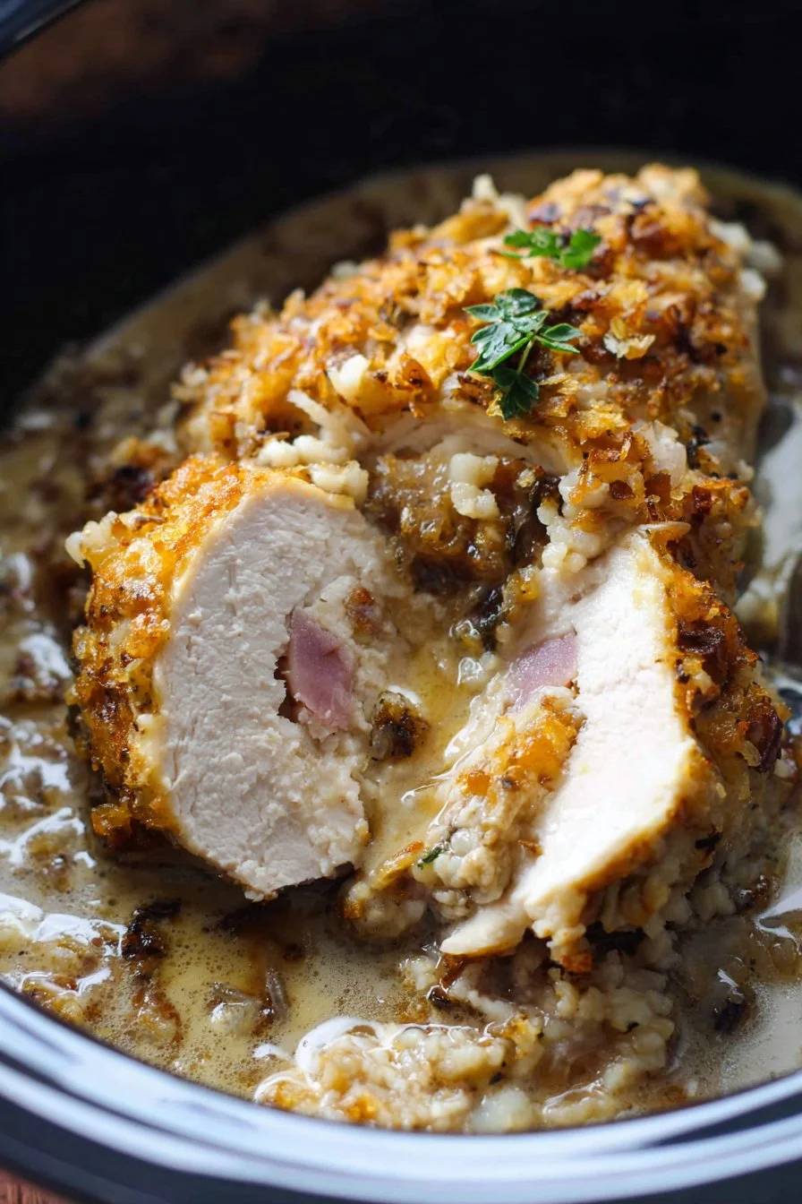 Slow Cooker Chicken Cordon Bleu with ham and cheese, ready to serve.