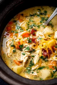 Bowl of delicious Slow Cooker Crack Chicken Soup topped with herbs.