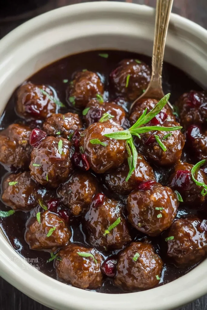 Delicious slow cooker cranberry balsamic meatballs served in a bowl