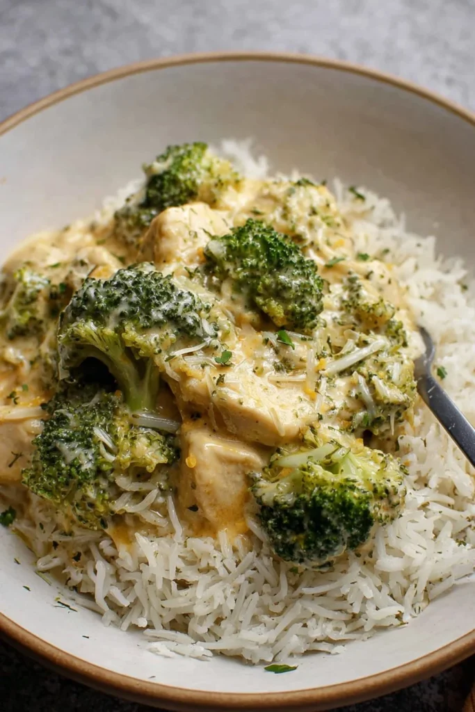 Slow cooker creamy chicken and broccoli dish served over rice