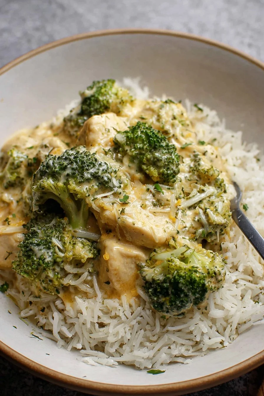 Slow cooker creamy chicken and broccoli dish served over rice