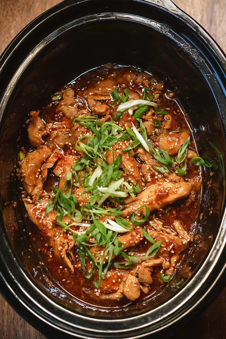 Slow Cooker Korean BBQ Chicken served with rice and vegetables