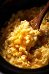 Creamy slow cooker macaroni and cheese in a serving dish
