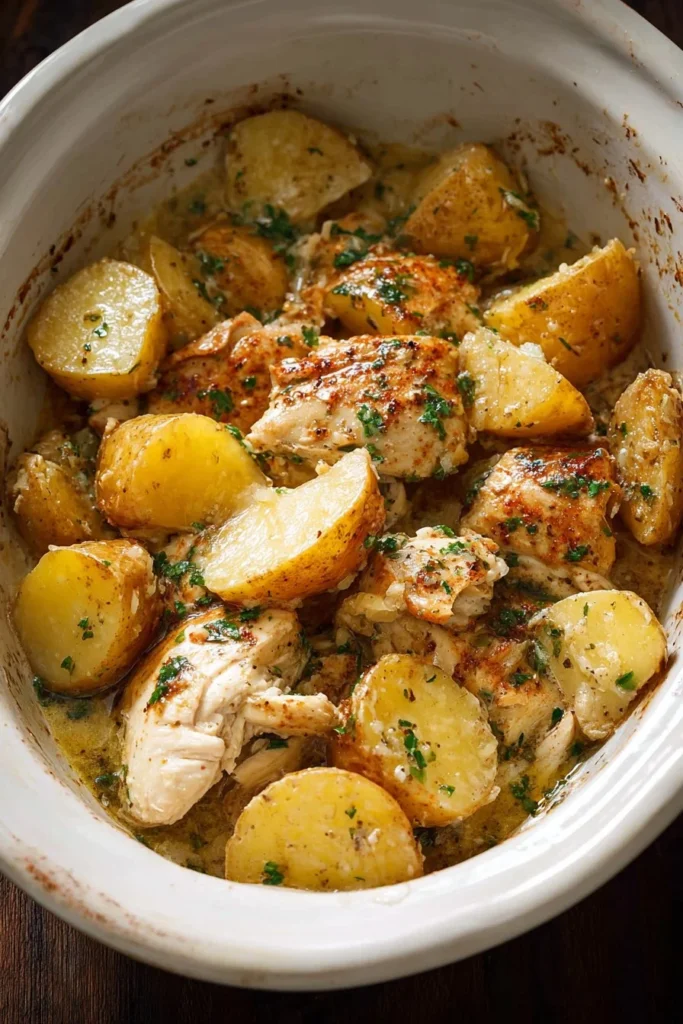 Slow Cooker Parmesan Garlic Chicken with Potatoes in a serving dish