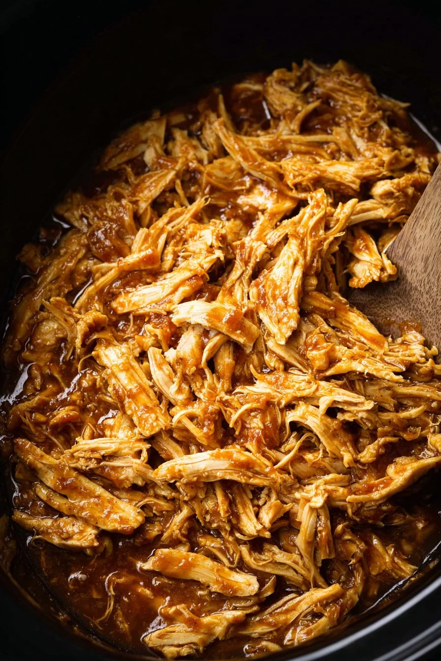 Slow Cooker Shredded BBQ Chicken served on a plate with fresh toppings
