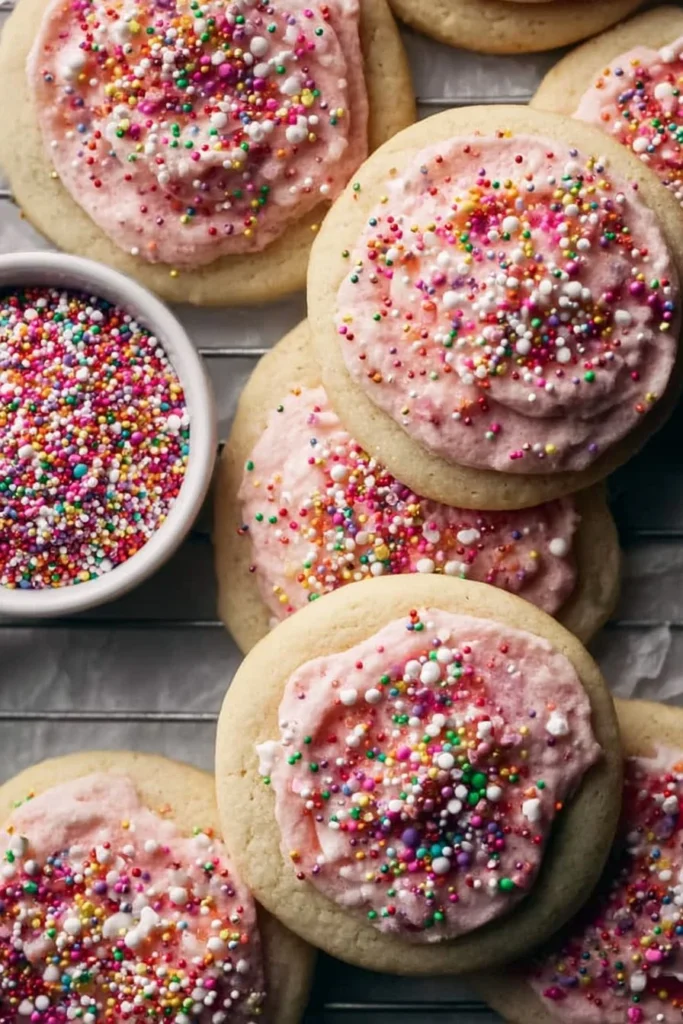 Delicious soft frosted sugar cookies decorated with colorful icing
