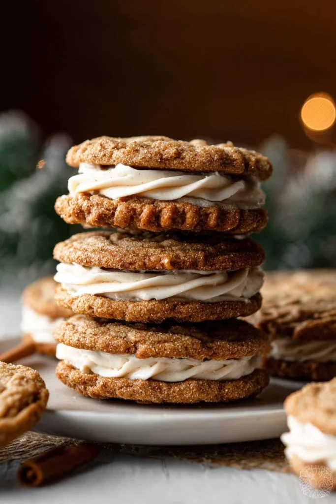 Spiced eggnog oatmeal cream pies on a festive plate