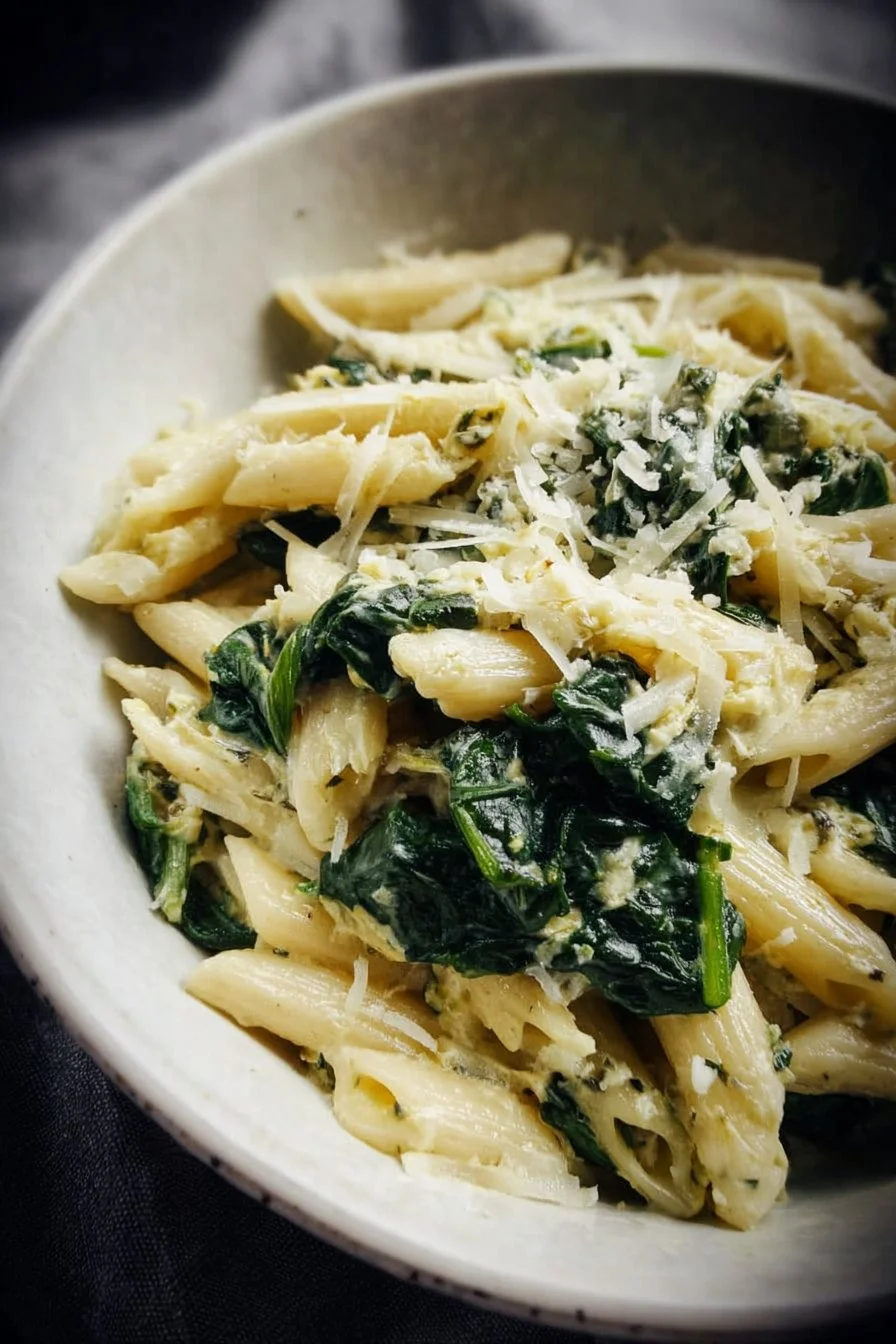 Creamy spinach artichoke pasta served in a bowl with fresh herbs