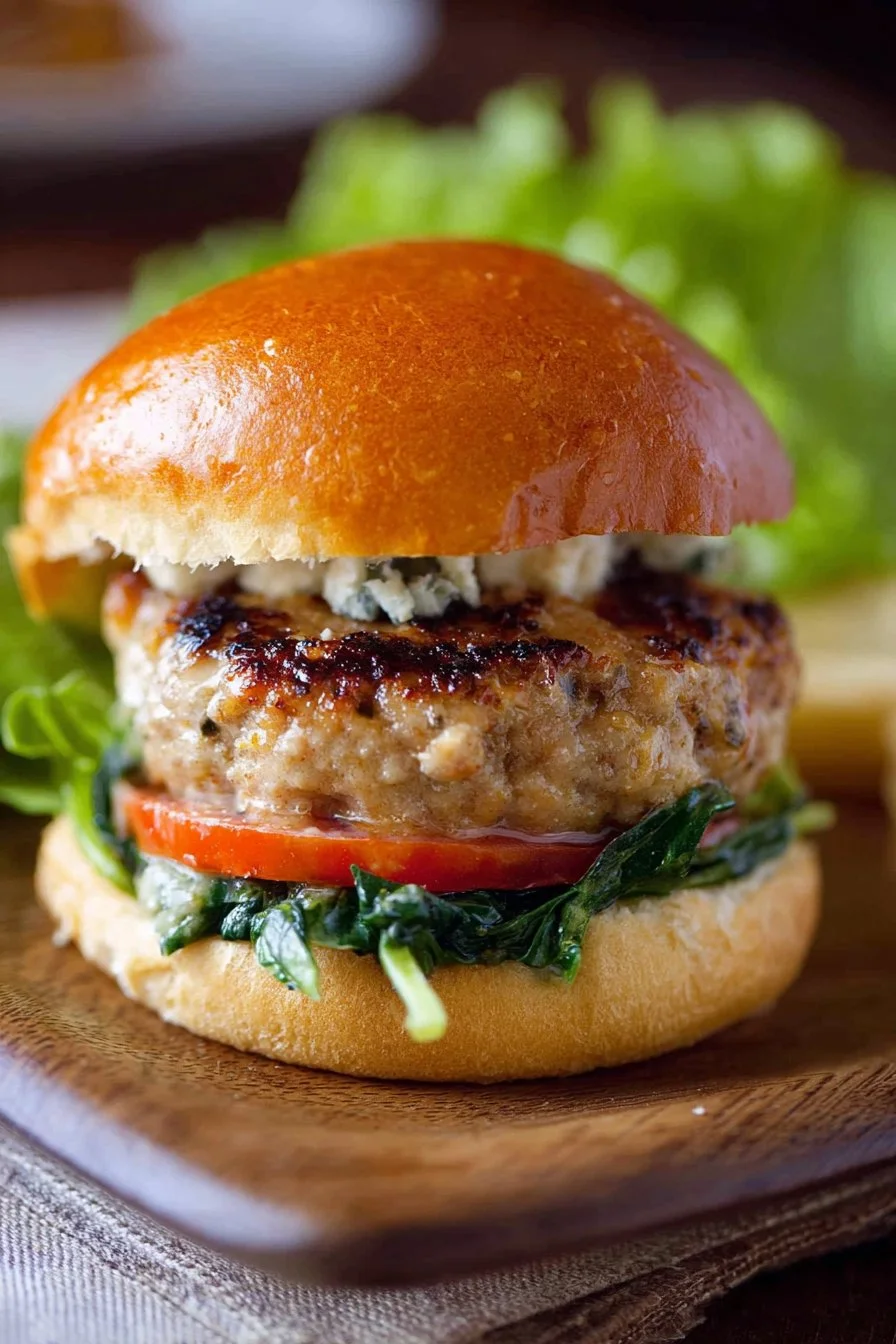 Juicy spinach feta turkey burger served on a fresh bun with toppings