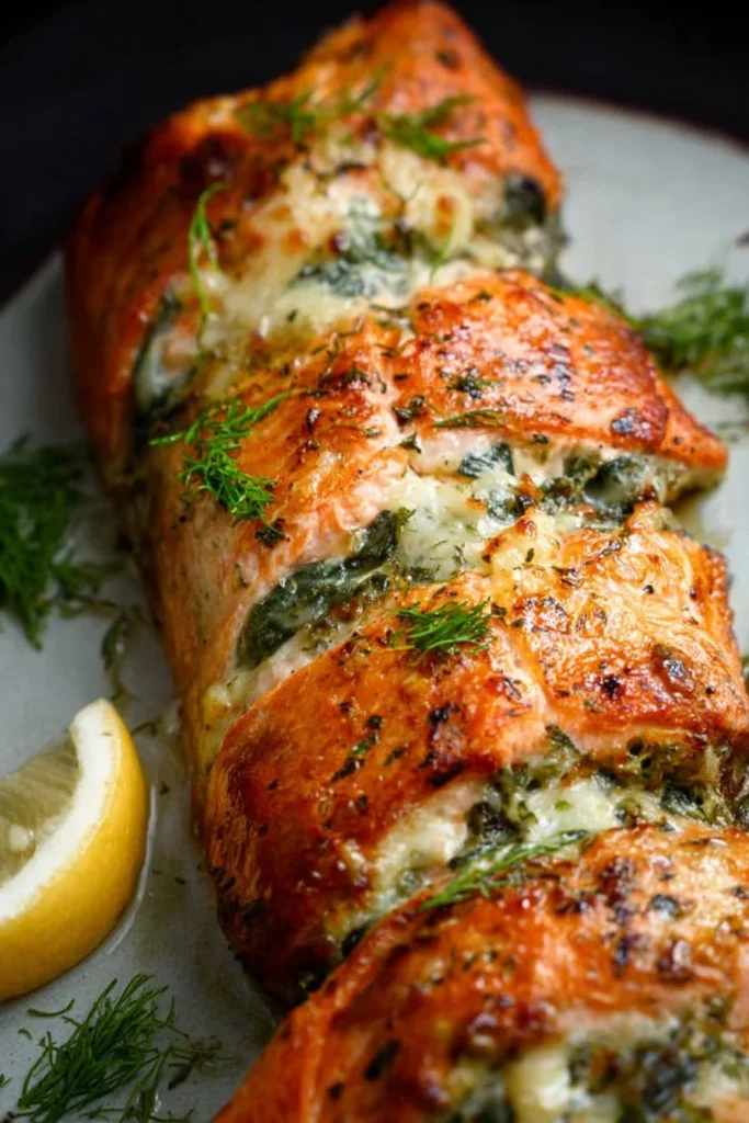 Deliciously baked spinach stuffed salmon with a savory filling