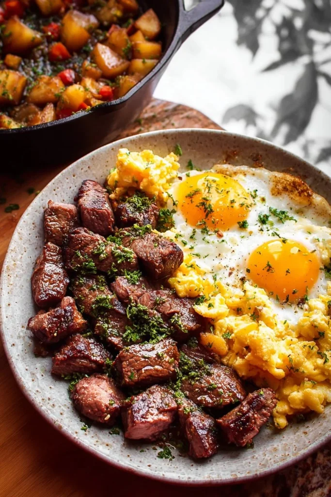 Perfectly cooked steak and eggs served on a plate for a hearty breakfast.