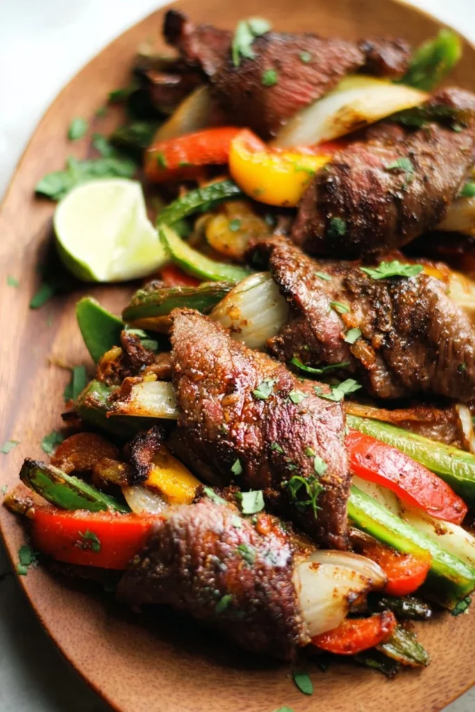 Steak fajita roll ups with fresh ingredients and vibrant colors