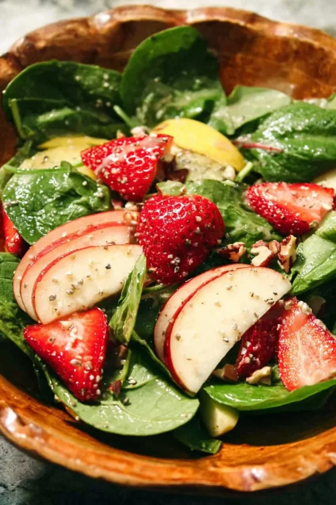 Strawberry, apple, and pear spinach salad with apple cider poppyseed dressing.
