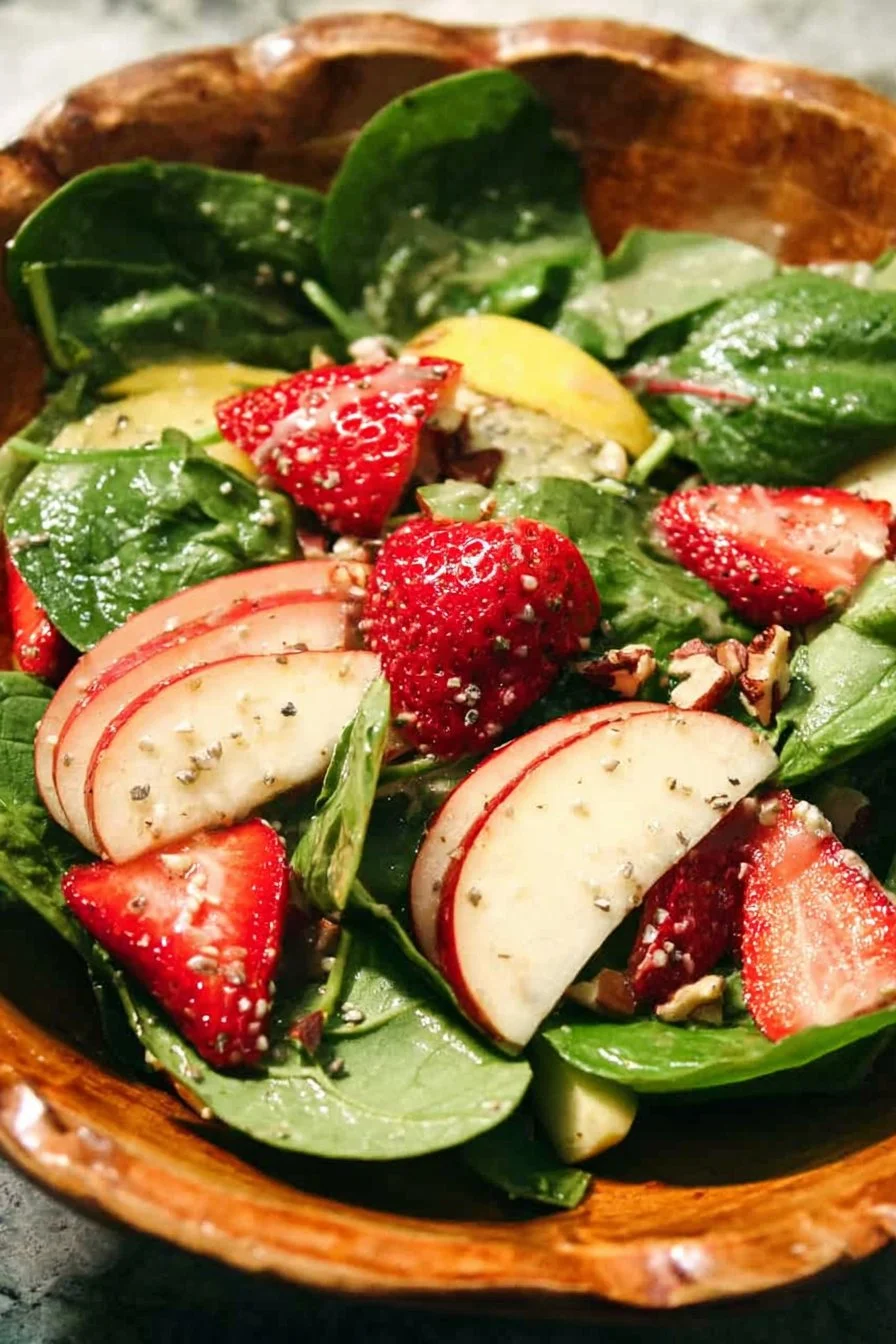 Strawberry, apple, and pear spinach salad with apple cider poppyseed dressing.