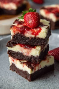Decadent strawberry cheesecake brownies with a chocolate base and creamy topping.