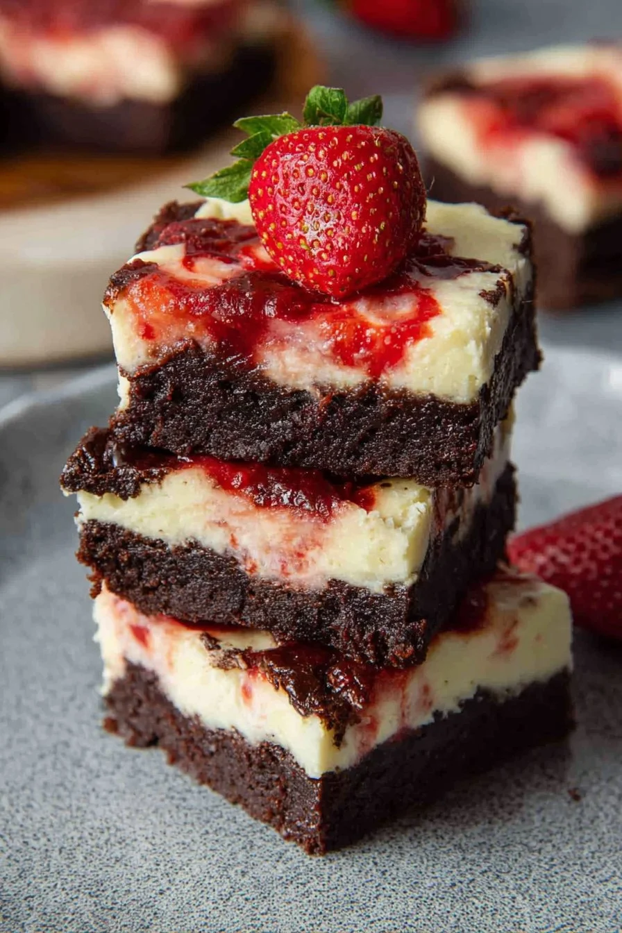 Decadent strawberry cheesecake brownies with a chocolate base and creamy topping.