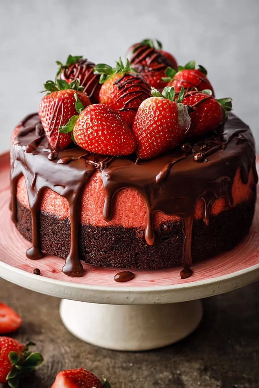 Delicious strawberry chocolate cake with fresh strawberries and chocolate ganache
