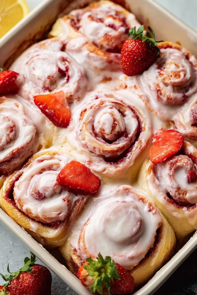 Freshly baked strawberry cinnamon rolls with lemon cream cheese glaze