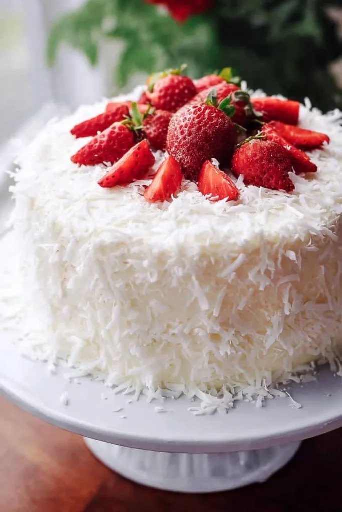 Strawberry Coconut Cream Cake with Coconut Cream Cheese Frosting on a plate