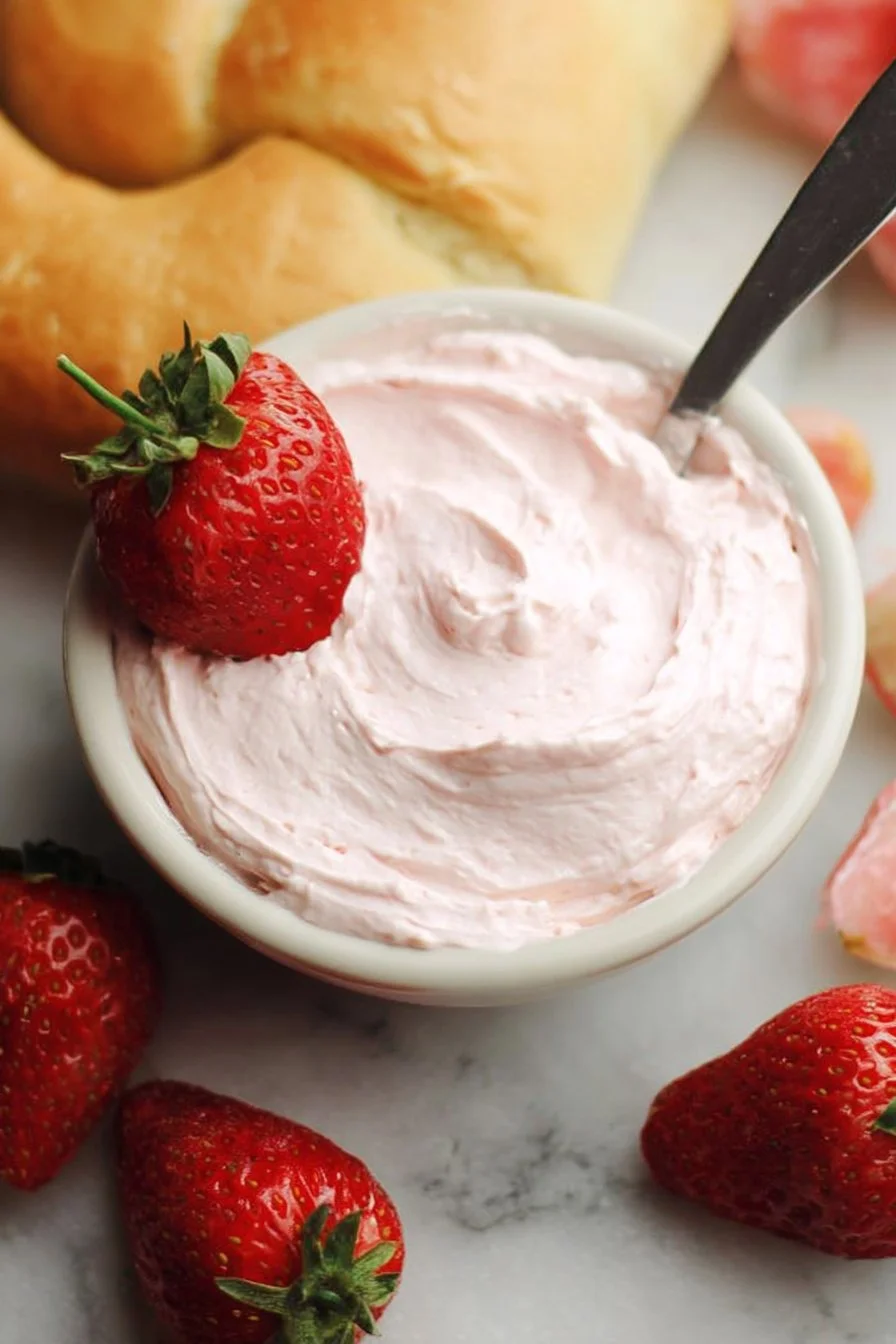 Delicious Strawberry Cream Cheese spread on a bagel with fresh strawberries.