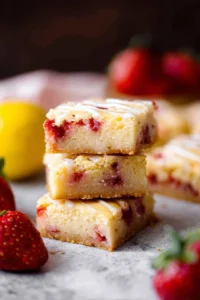 Delicious strawberry lemon blondies served on a plate with fresh strawberries.