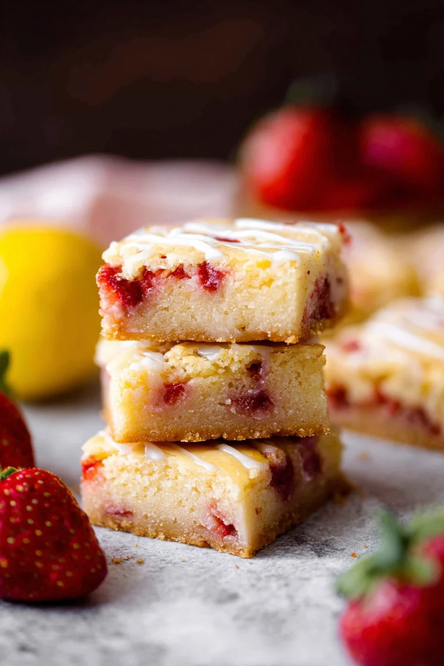 Delicious strawberry lemon blondies served on a plate with fresh strawberries.