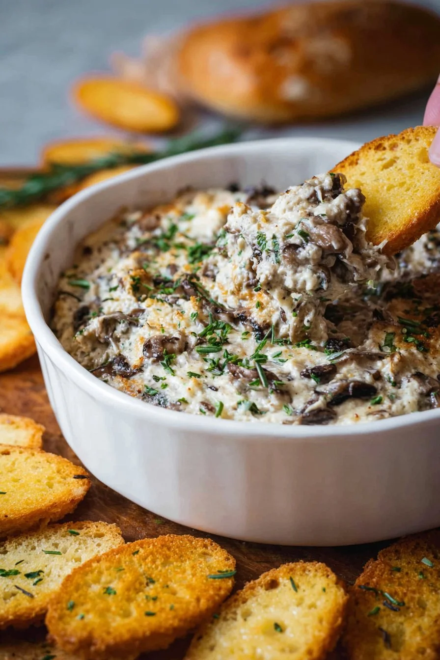 Creamy stuffed mushroom dip served in a bowl with fresh herbs