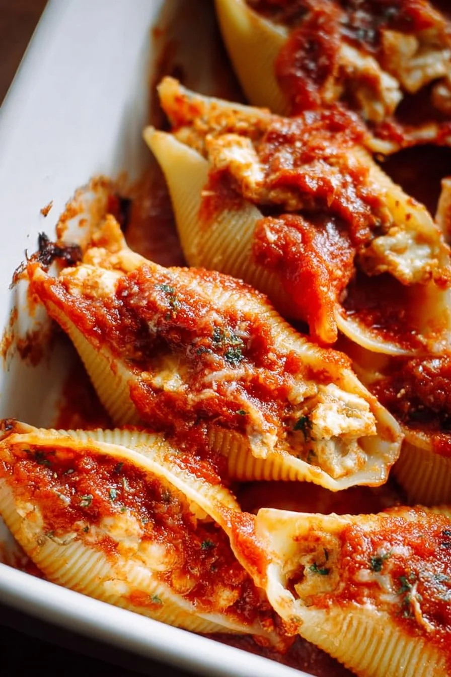 Plate of delicious stuffed pasta shells with cheese and sauce