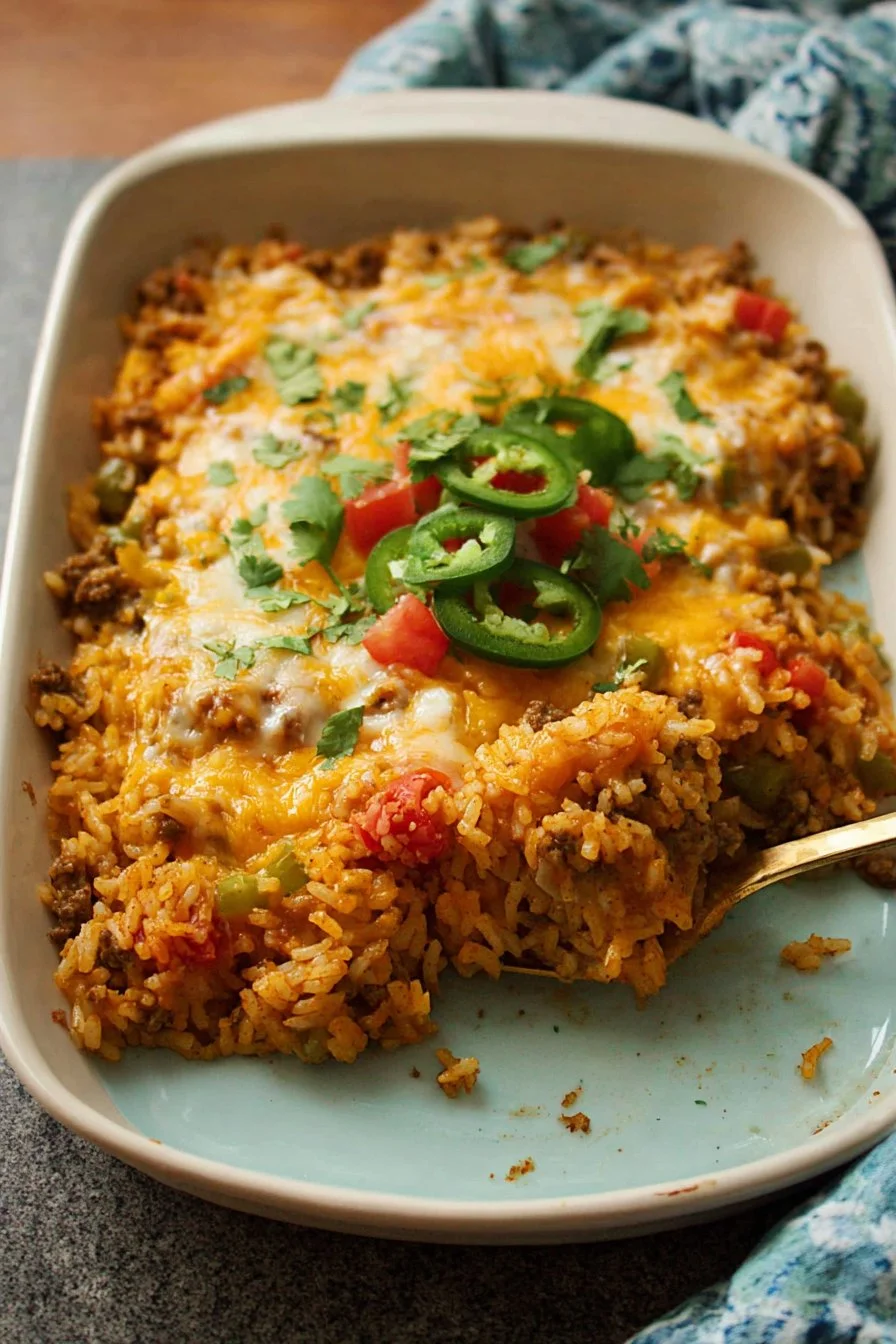 Delicious Taco Rice Casserole with flavorful toppings and cheese.