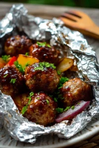 Delicious teriyaki meatballs in foil packets ready for grilling