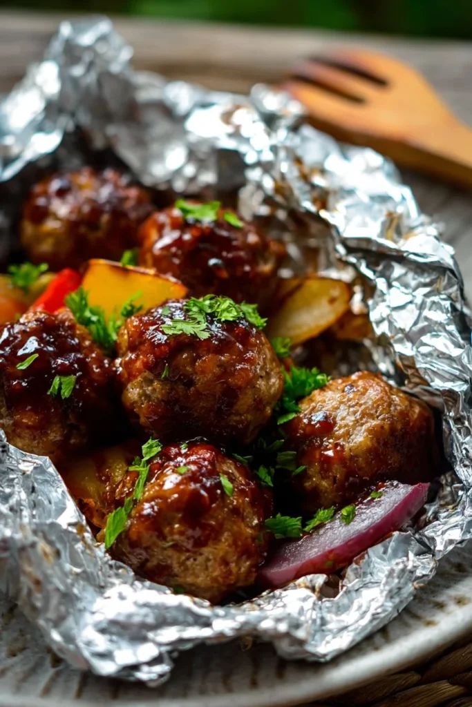 Delicious teriyaki meatballs in foil packets ready for grilling