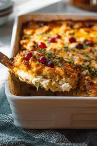 Delicious Thanksgiving casserole with layers of turkey and creamy sauce.