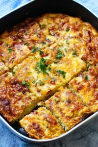 Delicious breakfast casserole baked with eggs, cheese, and vegetables