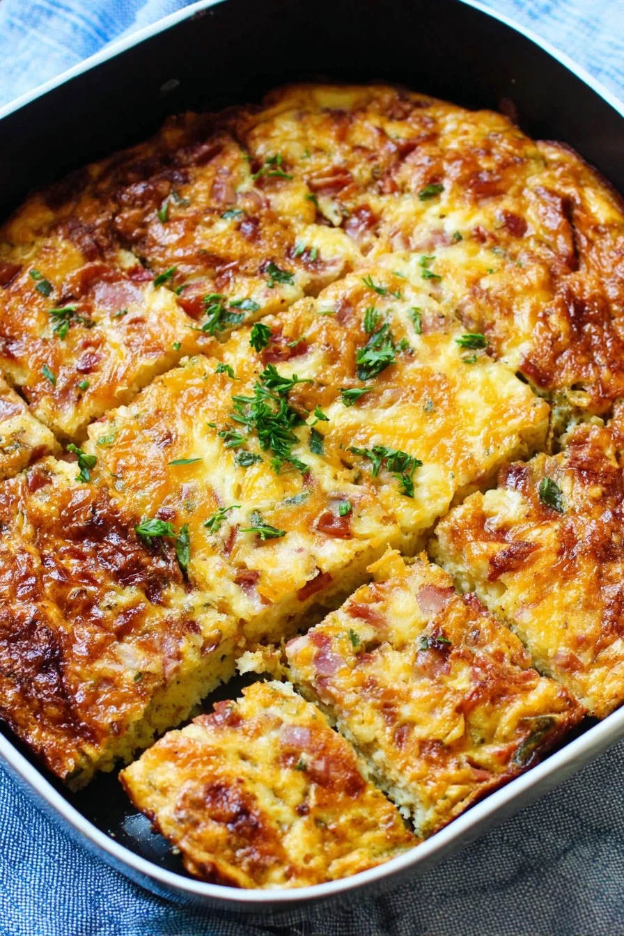 Delicious breakfast casserole baked with eggs, cheese, and vegetables