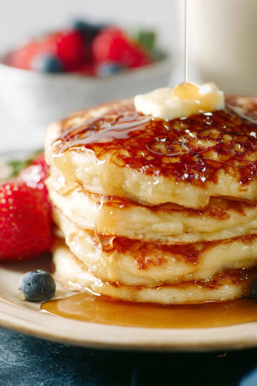 Fluffy buttermilk pancakes stacked with syrup and berries