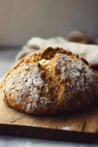 Freshly baked Irish soda bread loaves on a wooden table