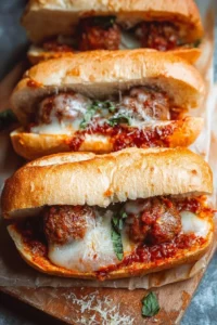 Delicious meatball sub loaded with marinara sauce and melted cheese