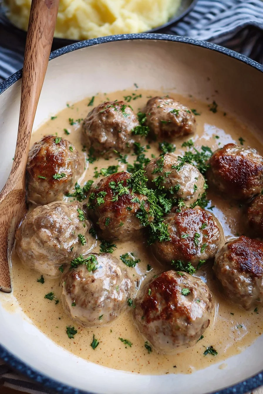 Delicious Swedish meatballs served with creamy gravy and lingonberry sauce